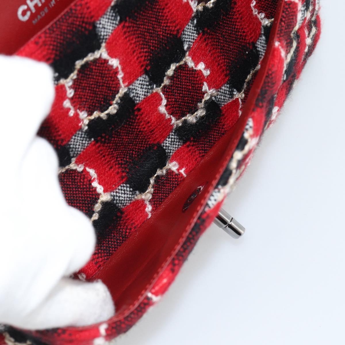 CHANEL Matelasse25 Double Flap Chain Bag Tweed Red Silver CC Auth 187053SAM