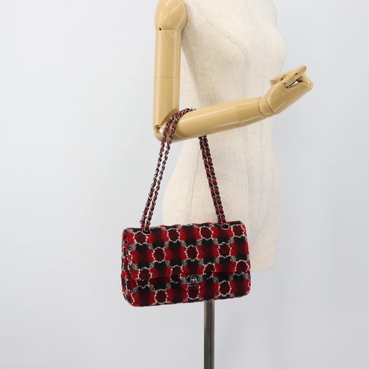 CHANEL Matelasse25 Double Flap Chain Bag Tweed Red Silver CC Auth 187053SAM