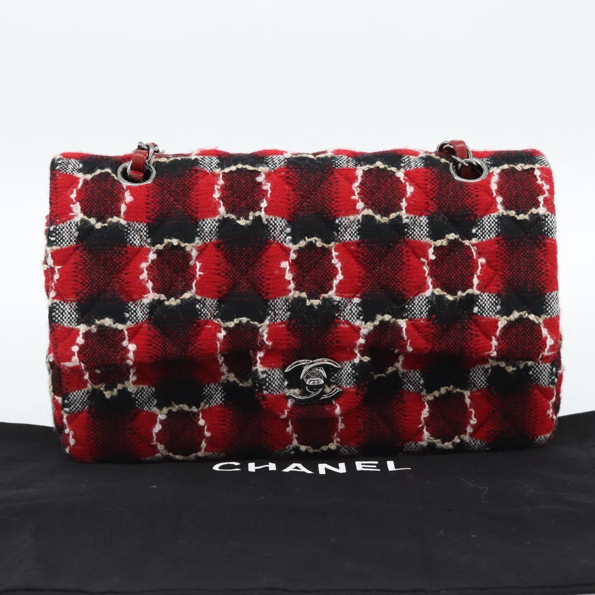 CHANEL Matelasse25 Double Flap Chain Bag Tweed Red Silver CC Auth 187053SAM