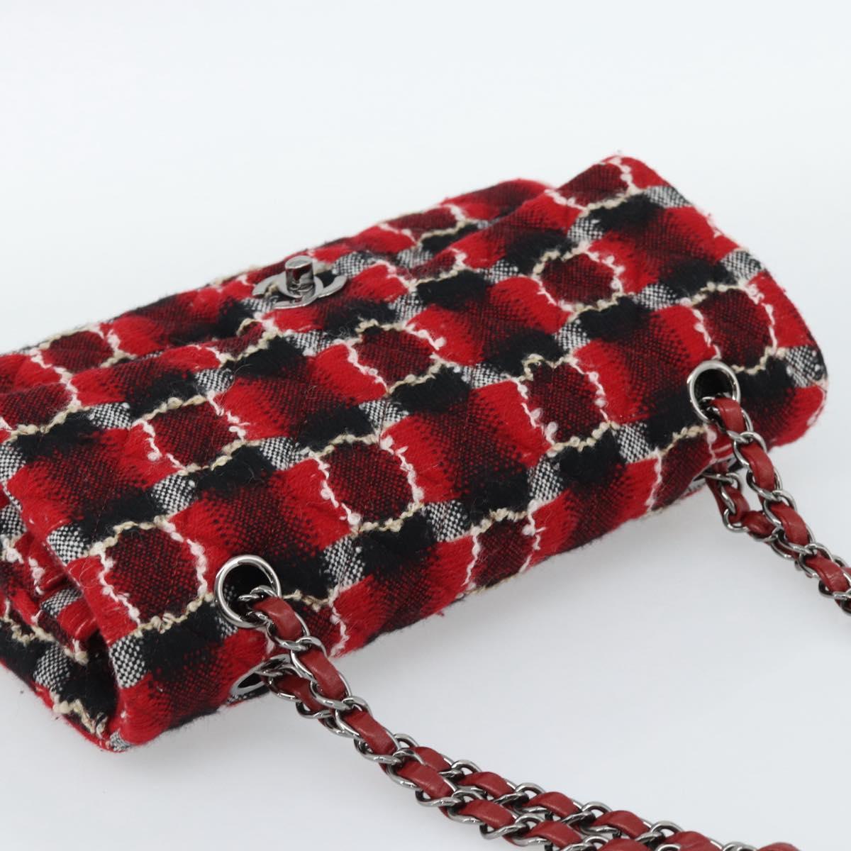 CHANEL Matelasse25 Double Flap Chain Bag Tweed Red Silver CC Auth 187053SAM