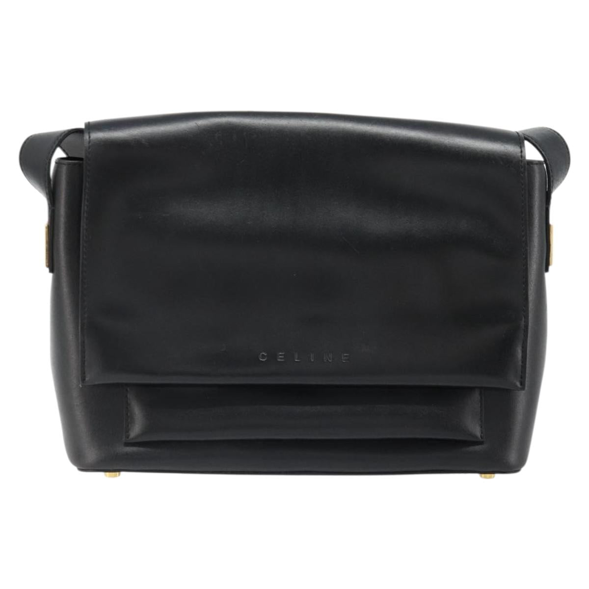 CELINE Shoulder Bag Leather Black Gold Auth 187081