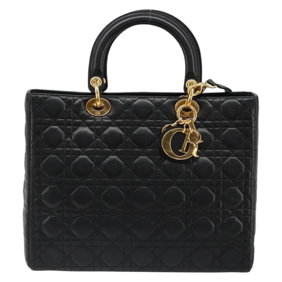 Christian Dior Lady Dior Canage Bag Lamb Skin 2way Black Gold Auth 187084SAM