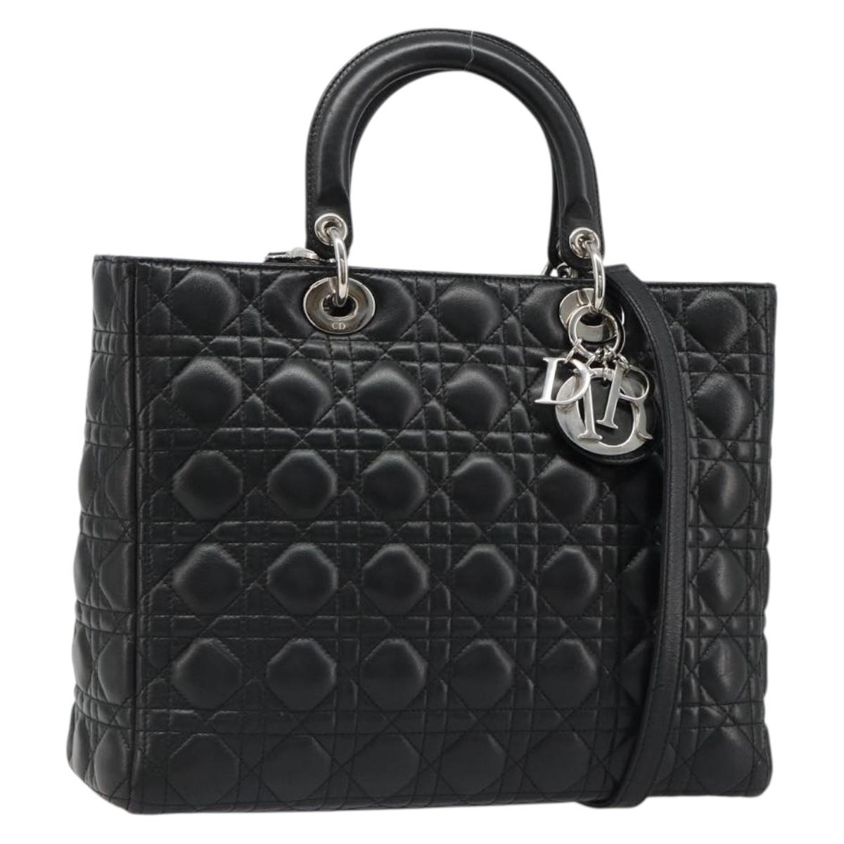 Christian Dior Lady Dior Canage Bag Lamb Skin 2way Black Silver Auth 187086SAM