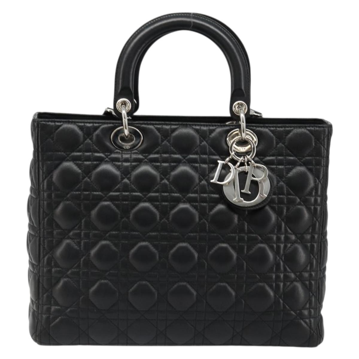 Christian Dior Lady Dior Canage Bag Lamb Skin 2way Black Silver Auth 187086SAM