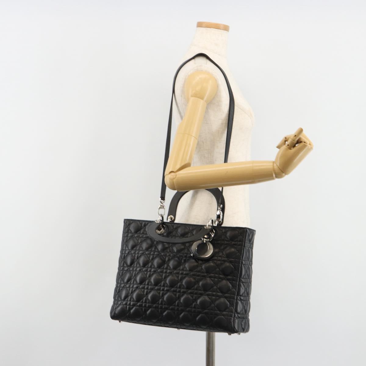 Christian Dior Lady Dior Canage Bag Lamb Skin 2way Black Silver Auth 187086SAM