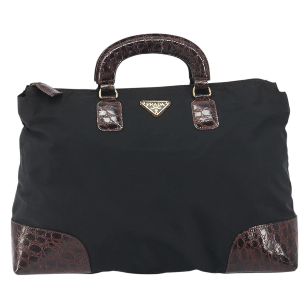 PRADA Hand Bag Nylon Black Gold Auth 187087