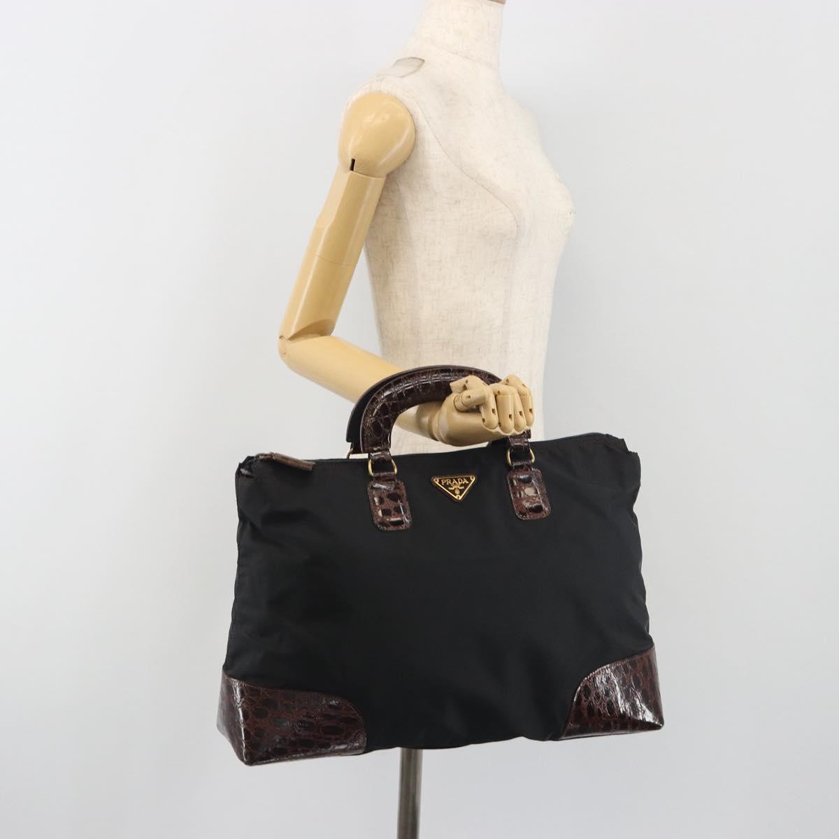 PRADA Hand Bag Nylon Black Gold Auth 187087
