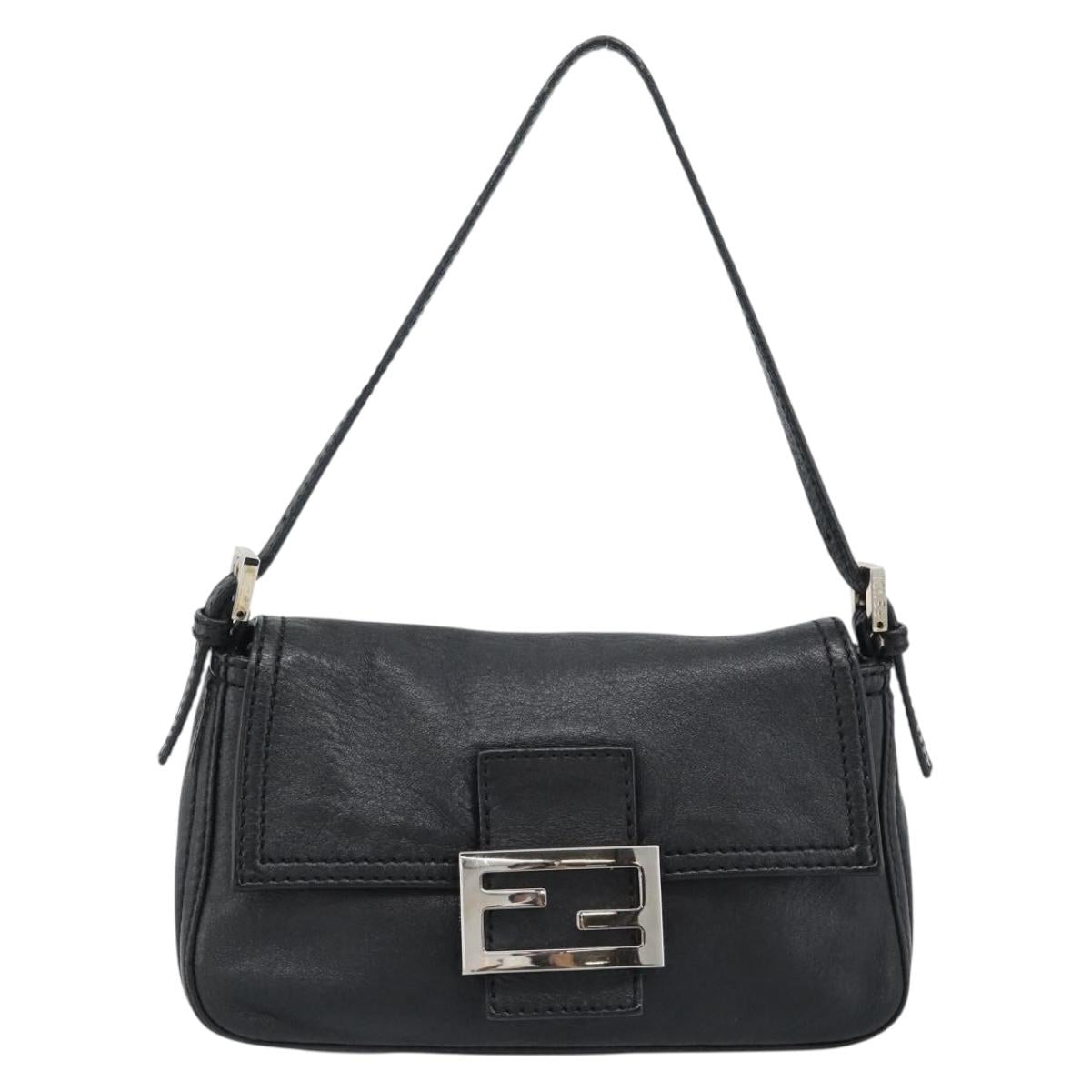 FENDI Mamma Baguette Shoulder Bag Leather Black Silver Auth 187091SAM