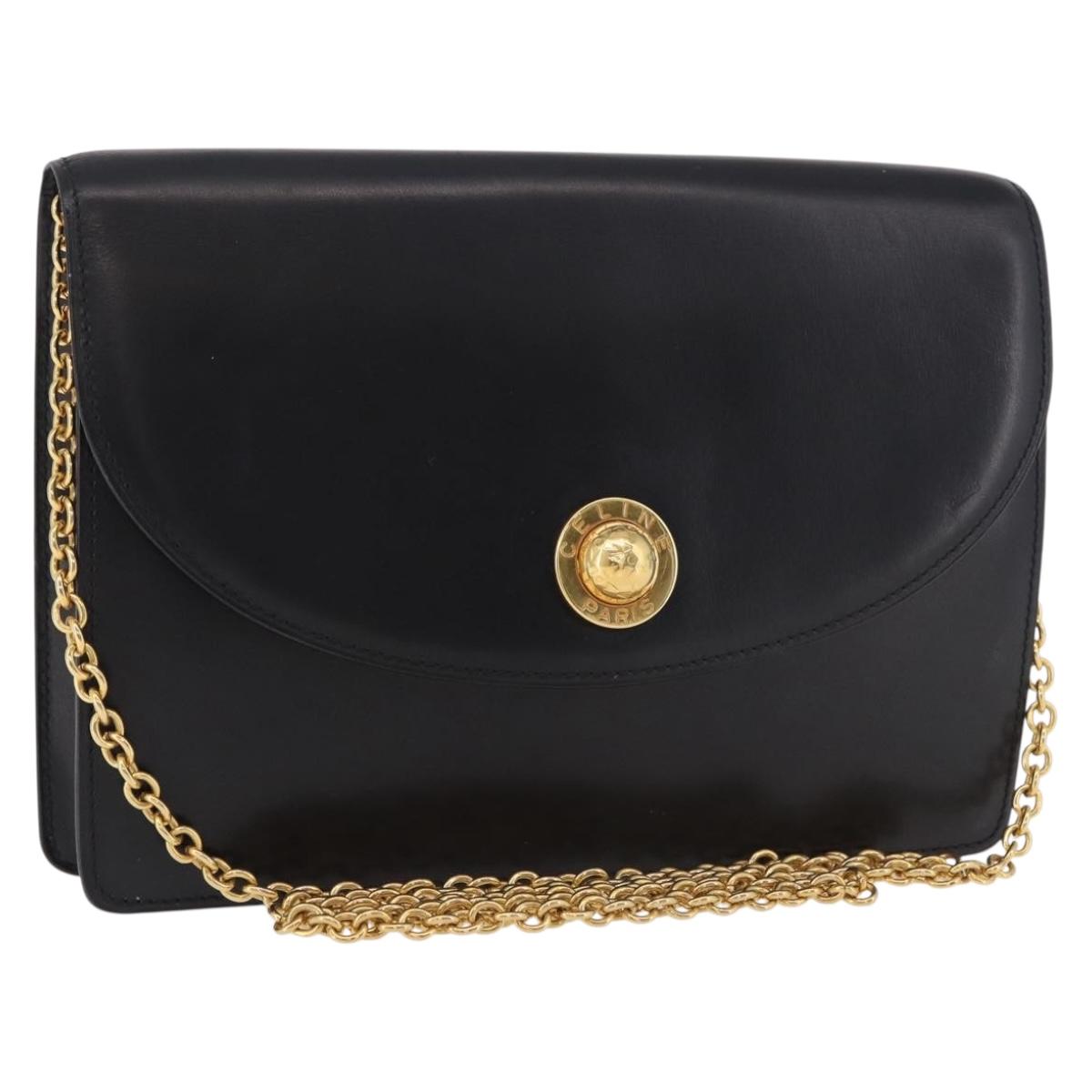 CELINE Chain Shoulder Bag Leather Black Gold Auth 187098A