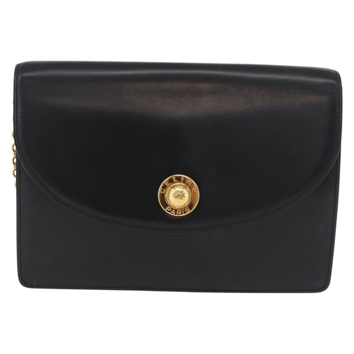 CELINE Chain Shoulder Bag Leather Black Gold Auth 187098A