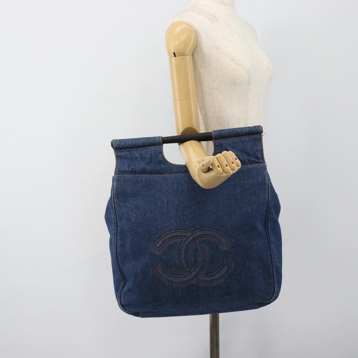 CHANEL Hand Bag Denim Blue Gold CC Auth 187118