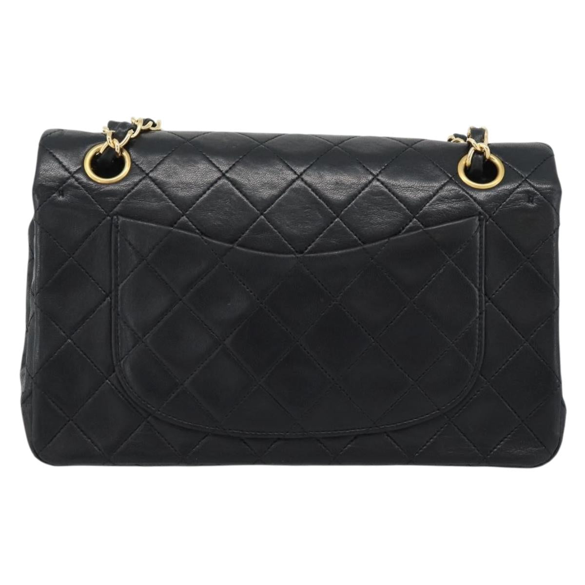 CHANEL Matelasse23 Double Flap Chain Bag Lamb Skin Black Gold CC Auth 187121SAV