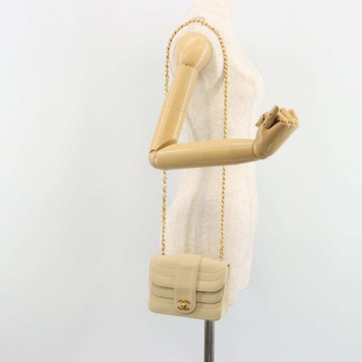 CHANEL Mademoiselle Chain Shoulder Bag Lamb Skin Beige Gold CC Auth 187124SAV