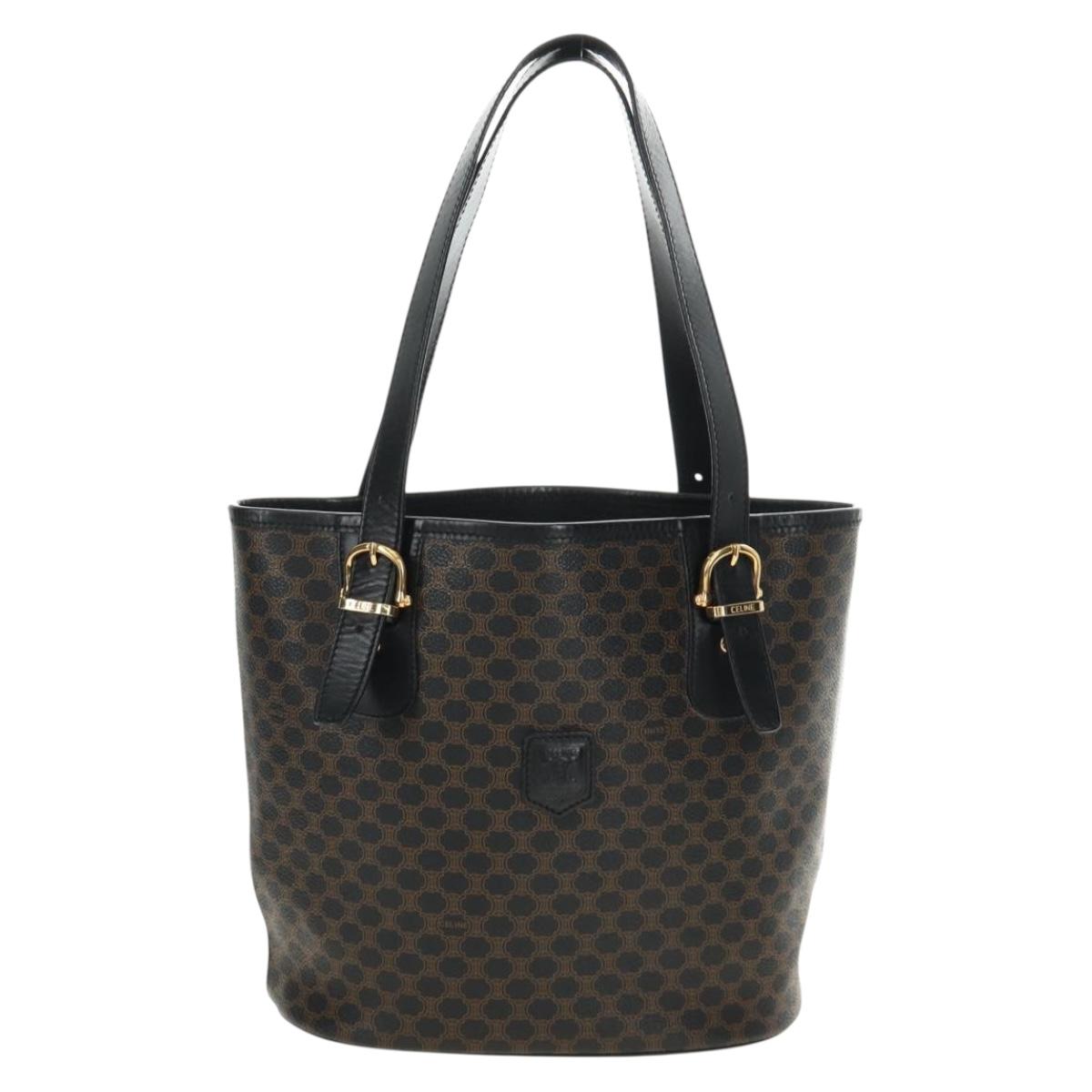 CELINE Macadam Canvas Tote Bag PVC Leather Black Gold Auth 187136V