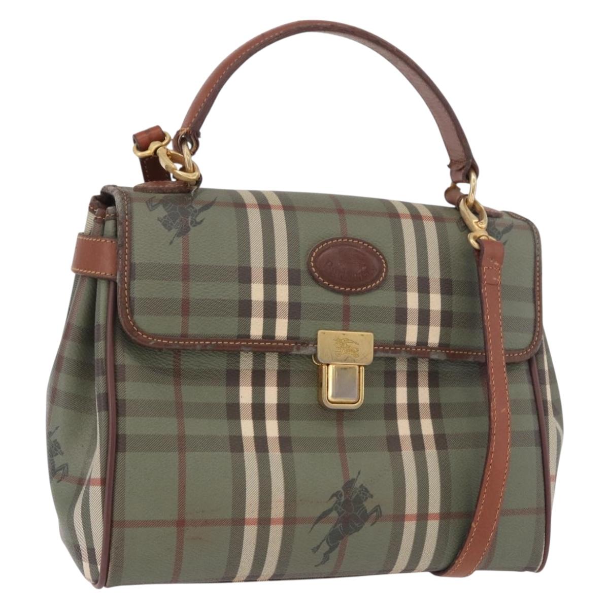 Burberrys Nova Check Hand Bag PVC 2way Green Gold Auth 187139