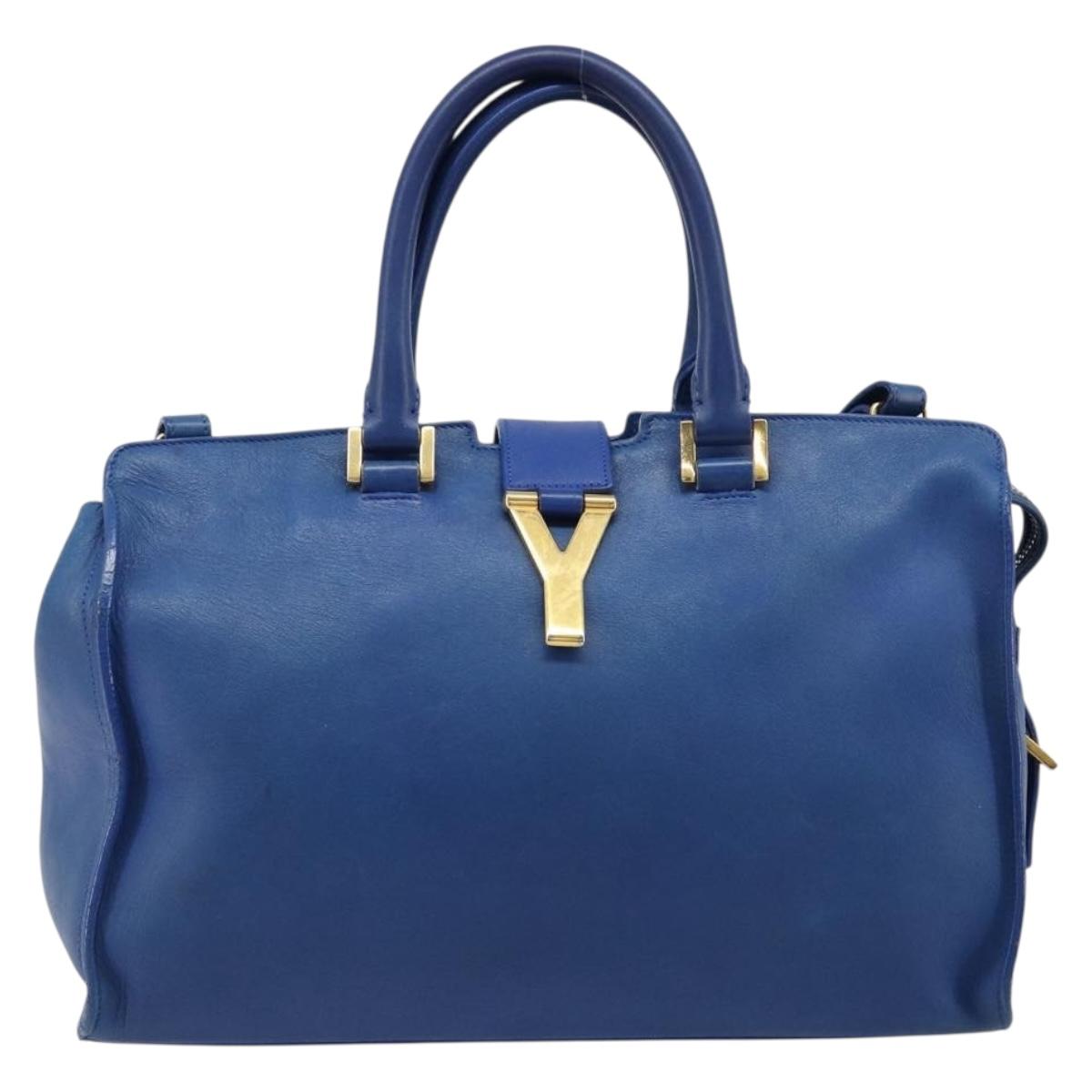 SAINT LAURENT Petit Cabas Hand Bag Leather 2way Blue Gold Auth 187142A