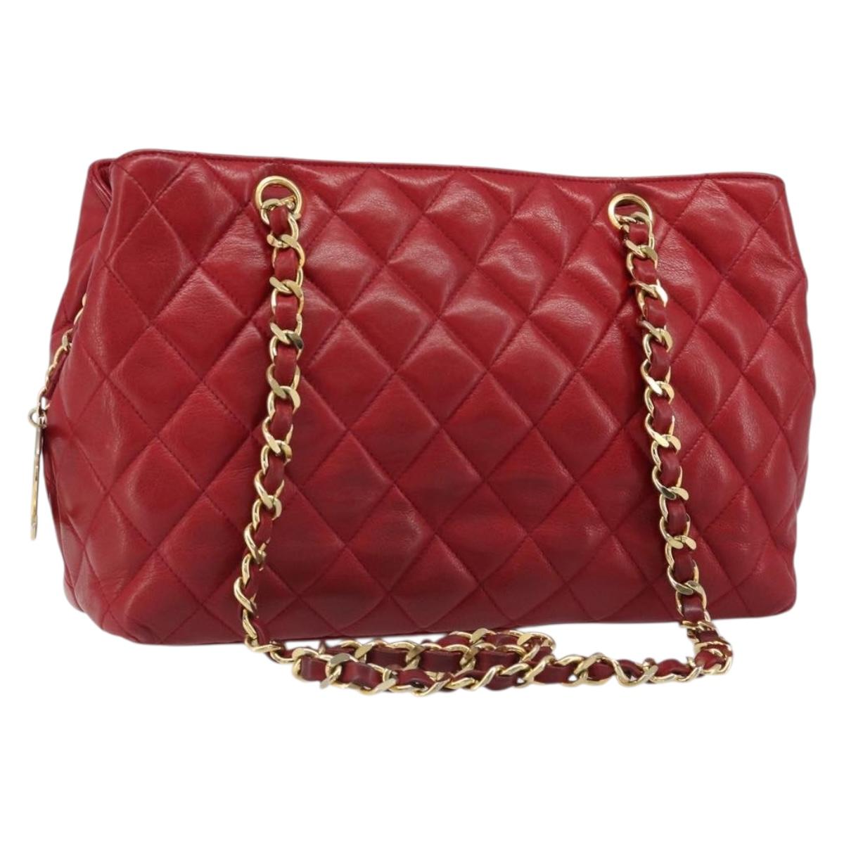 CHANEL Matelasse Chain Shoulder Bag Lamb Skin Red Gold CC Auth 187149
