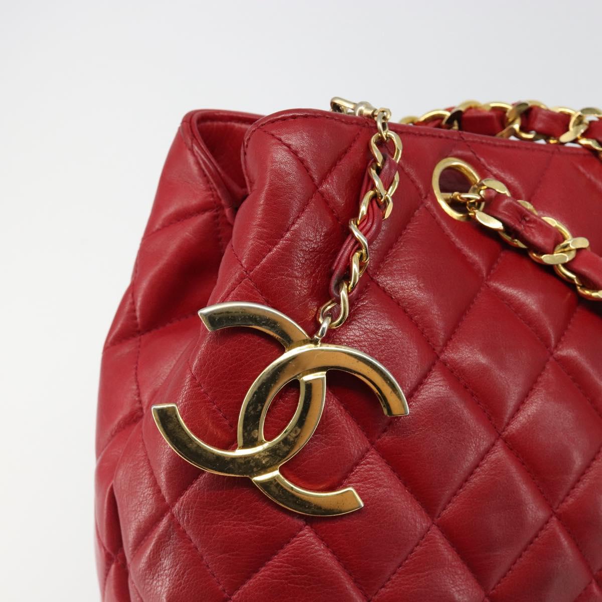 CHANEL Matelasse Chain Shoulder Bag Lamb Skin Red Gold CC Auth 187149