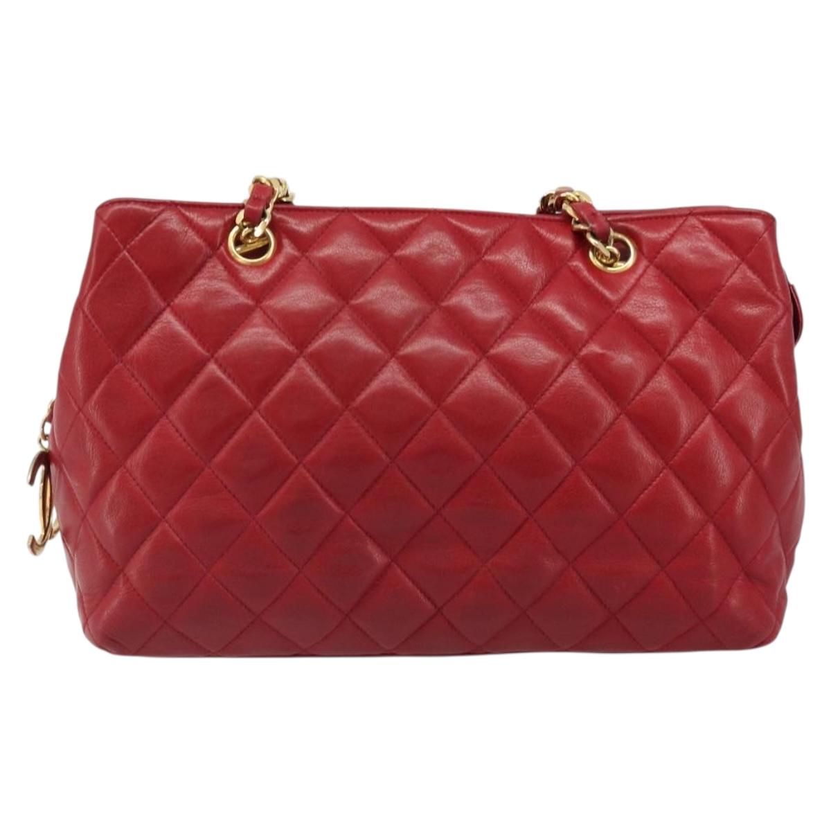 CHANEL Matelasse Chain Shoulder Bag Lamb Skin Red Gold CC Auth 187149