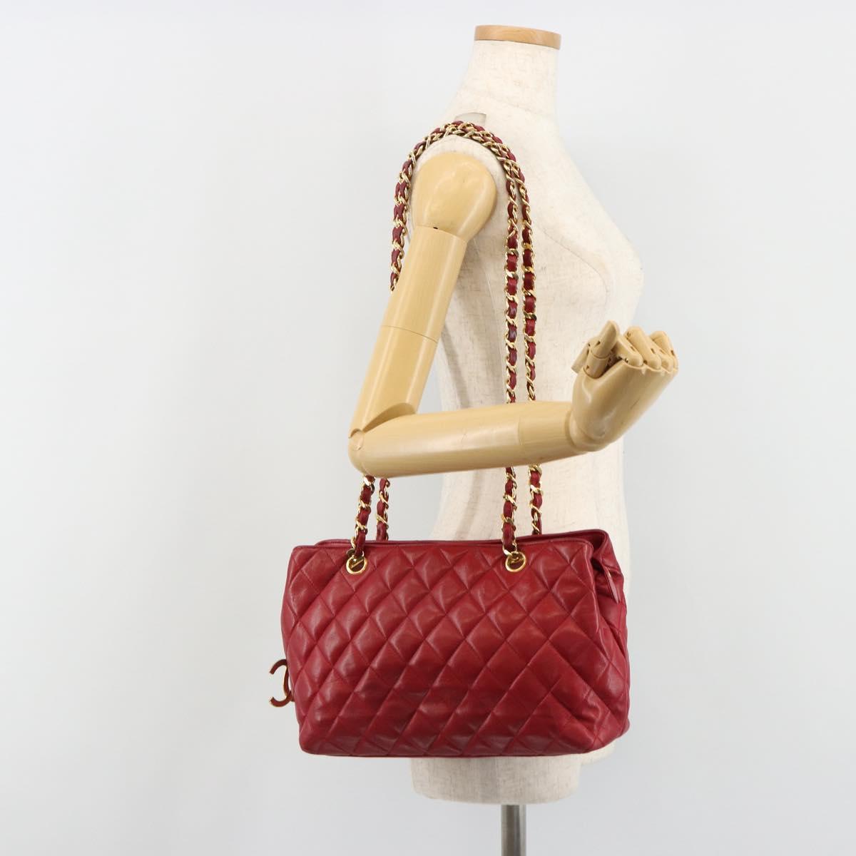CHANEL Matelasse Chain Shoulder Bag Lamb Skin Red Gold CC Auth 187149