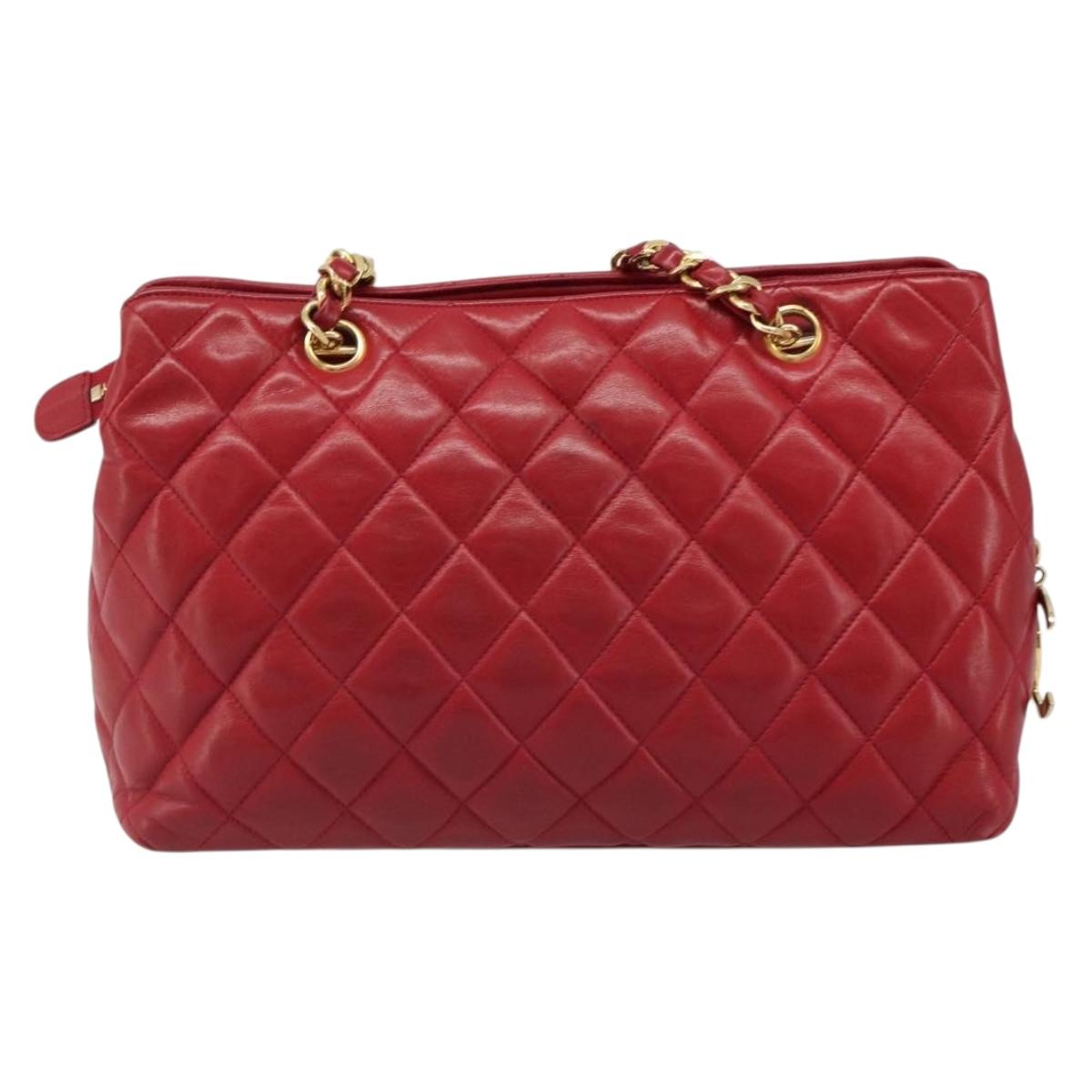 CHANEL Matelasse Chain Shoulder Bag Lamb Skin Red Gold CC Auth 187149