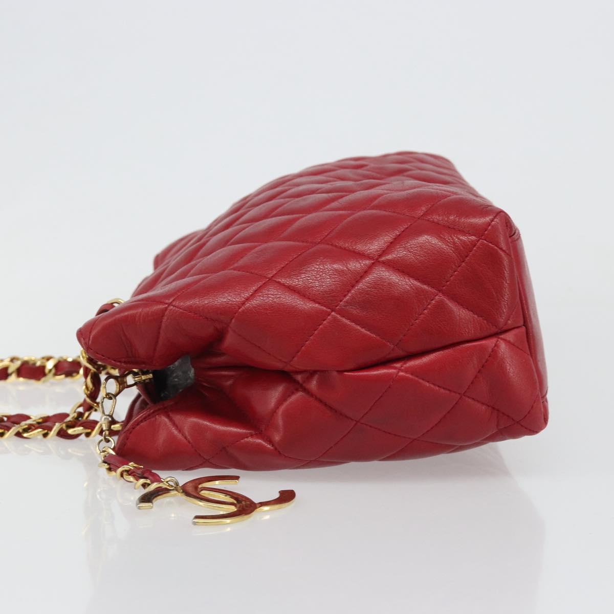 CHANEL Matelasse Chain Shoulder Bag Lamb Skin Red Gold CC Auth 187149
