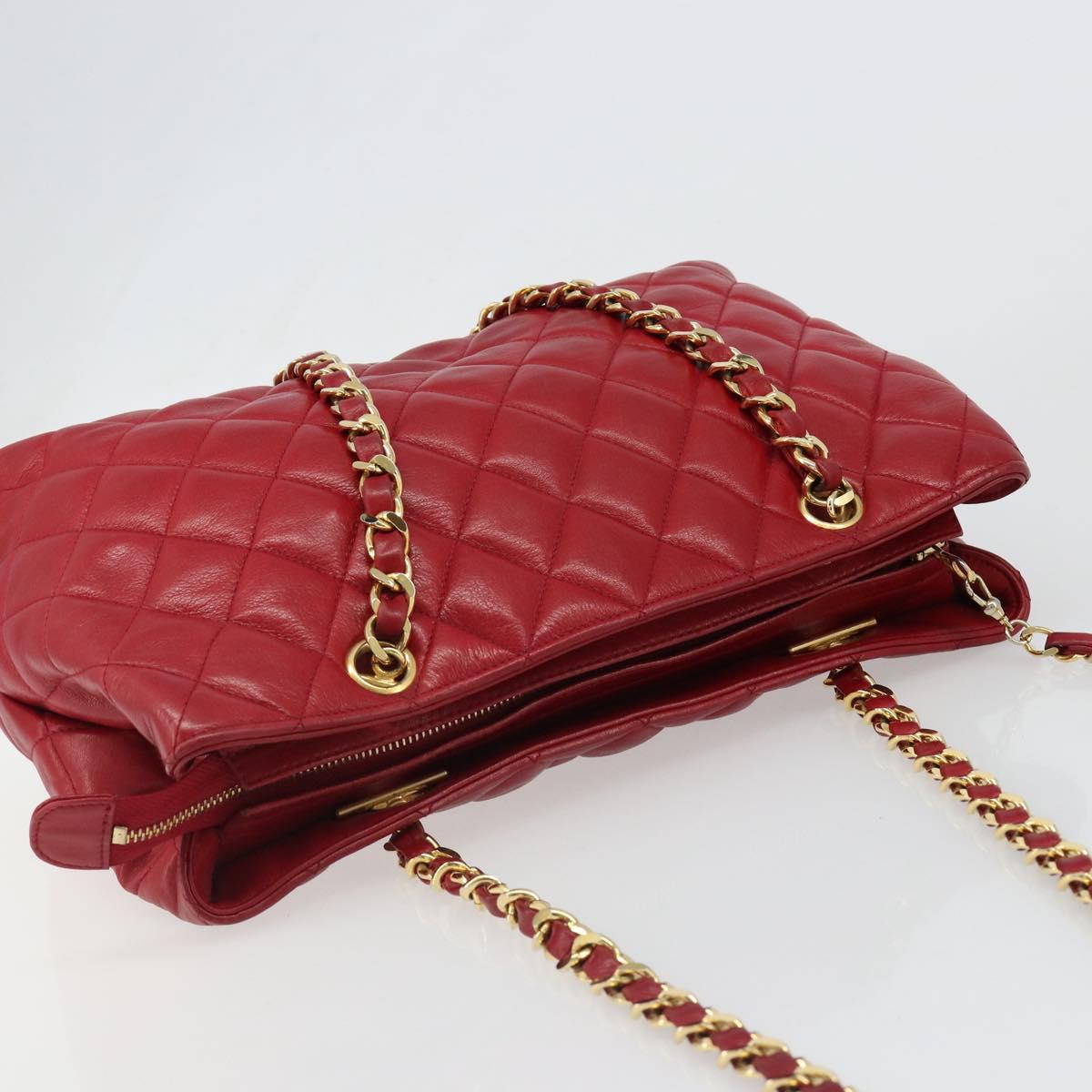 CHANEL Matelasse Chain Shoulder Bag Lamb Skin Red Gold CC Auth 187149