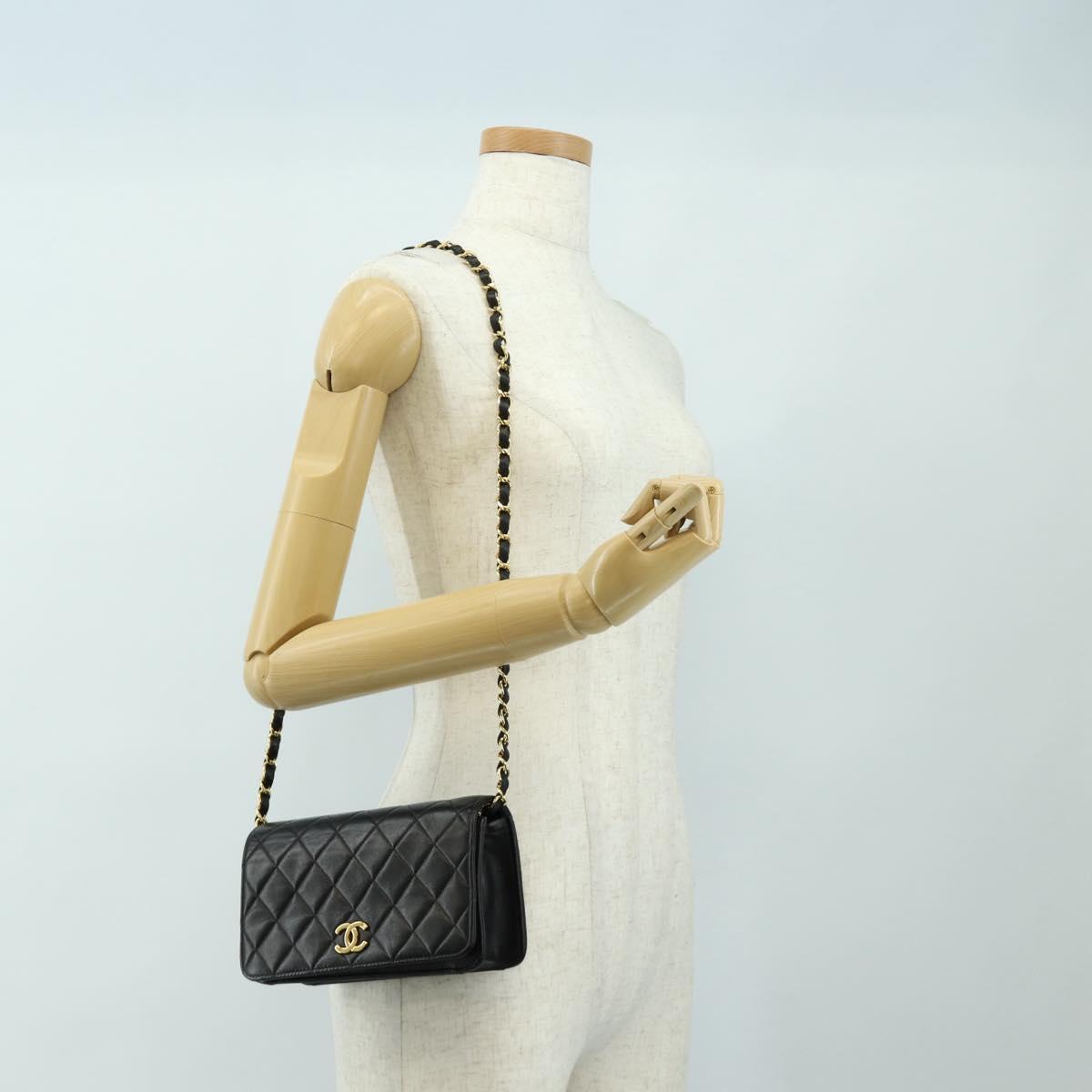 CHANEL Chain Matelasse Shoulder Bag Lamb Skin Black Gold CC Auth 187152SAM