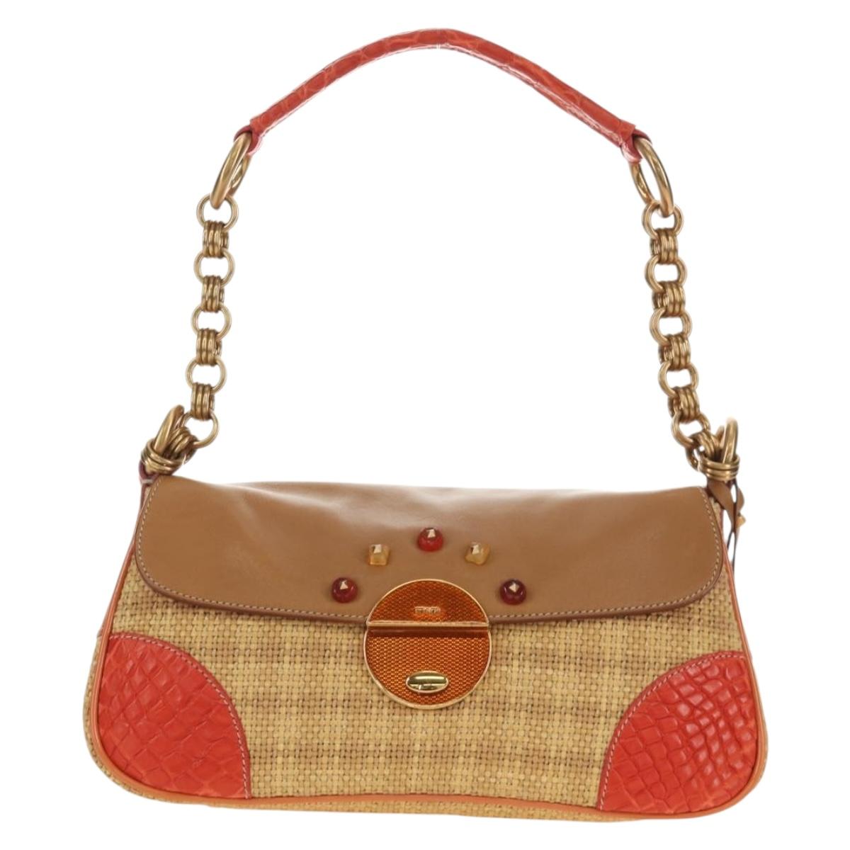 PRADA Chain Shoulder Bag Embossed leather Beige Gold Auth 187155SAV