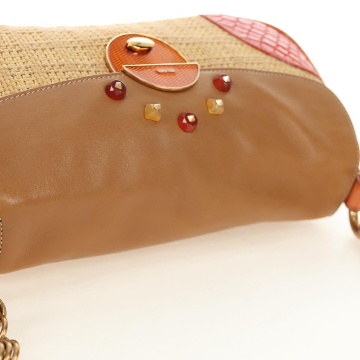 PRADA Chain Shoulder Bag Embossed leather Beige Gold Auth 187155SAV