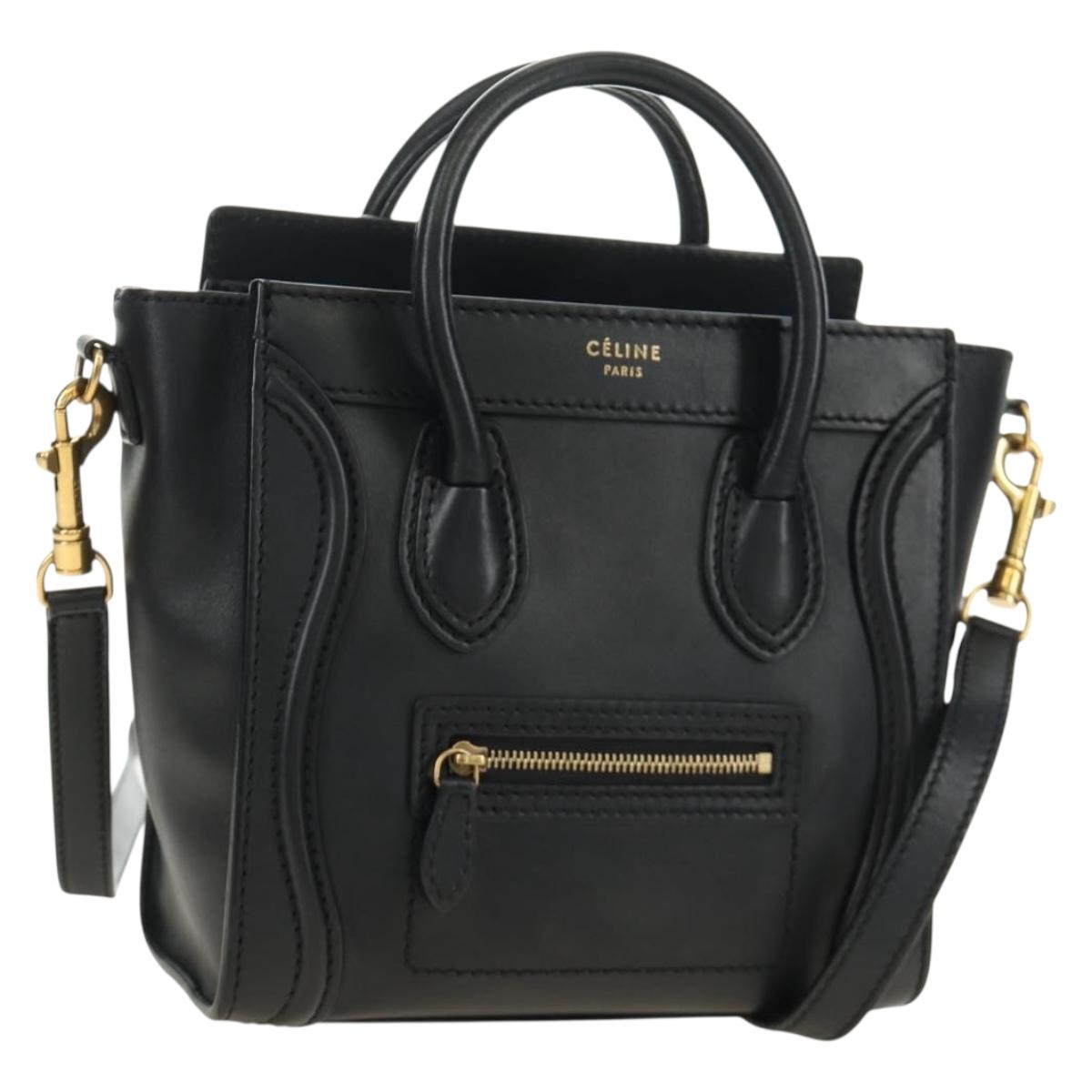 CELINE Luggage Nano Hand Bag Leather 2way Black Gold Auth 187156SAM