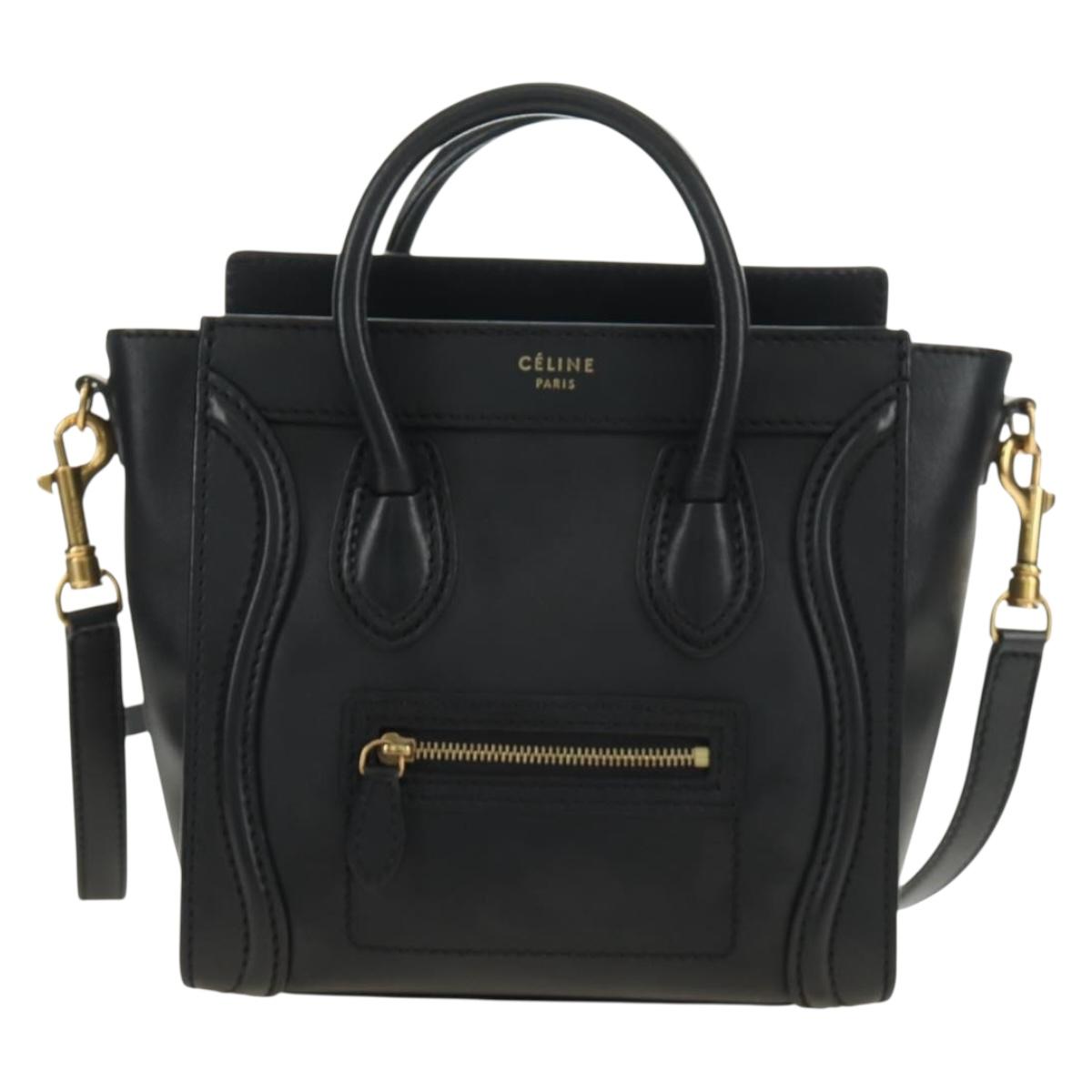 CELINE Luggage Nano Hand Bag Leather 2way Black Gold Auth 187156SAM