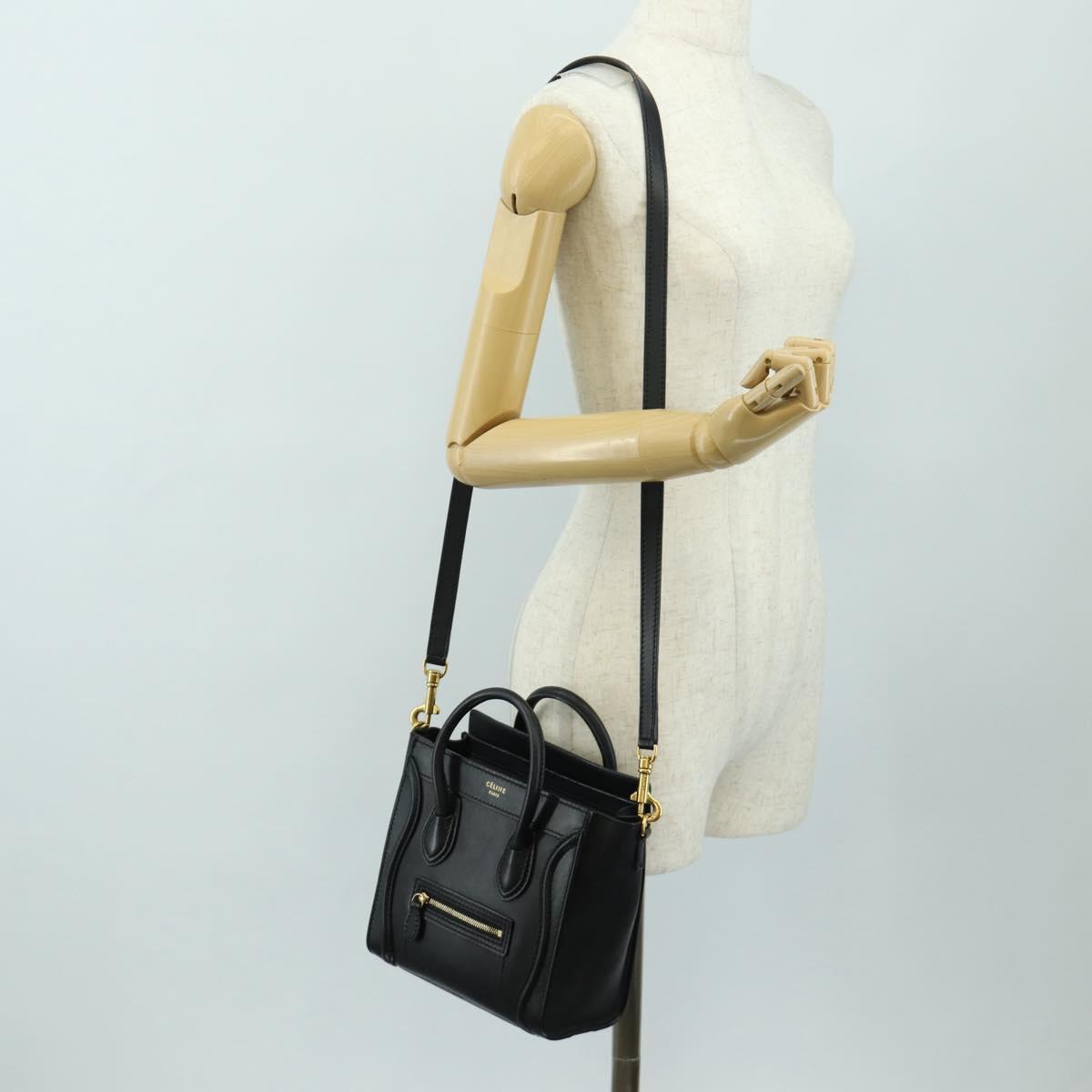 CELINE Luggage Nano Hand Bag Leather 2way Black Gold Auth 187156SAM