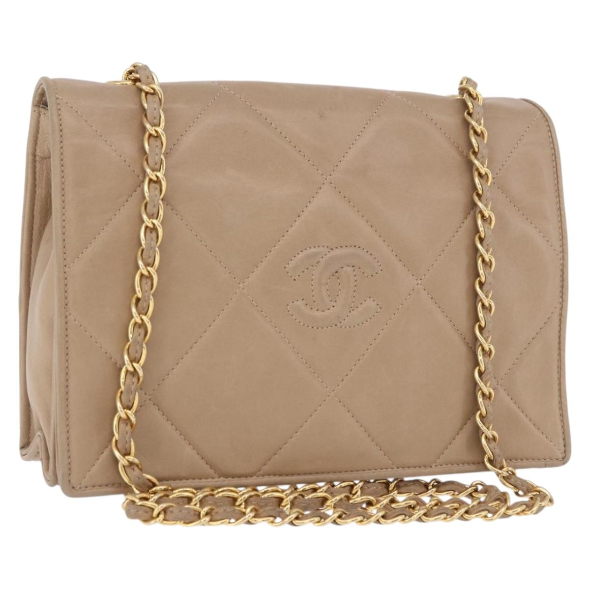 CHANEL Matelasse Chain Shoulder Bag Lamb Skin Beige Gold CC Auth 187157A