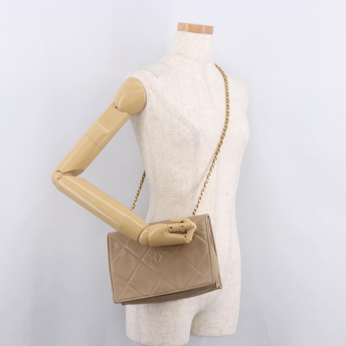 CHANEL Matelasse Chain Shoulder Bag Lamb Skin Beige Gold CC Auth 187157A