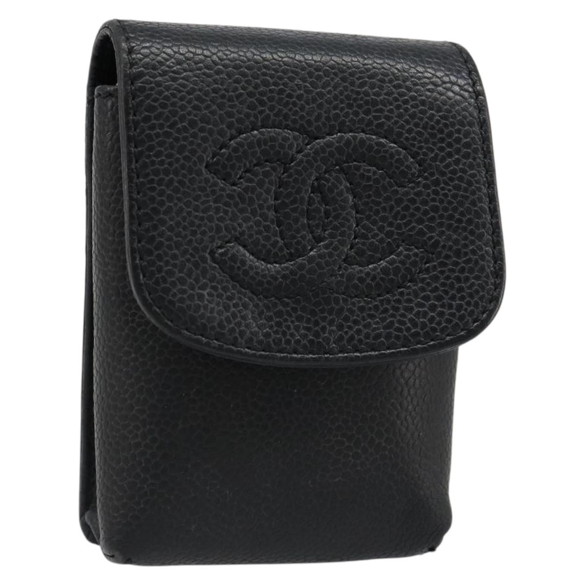 CHANEL Cigarette Case Caviar Skin Black Gold CC Auth 187166