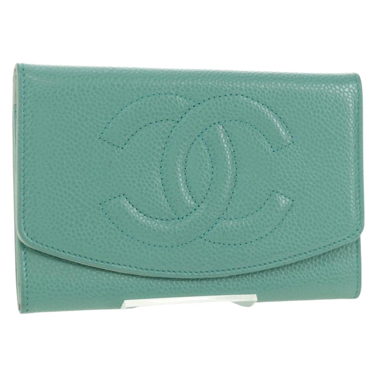CHANEL Coin Purse Caviar Skin Turquoise Blue Gold CC Auth 187167M
