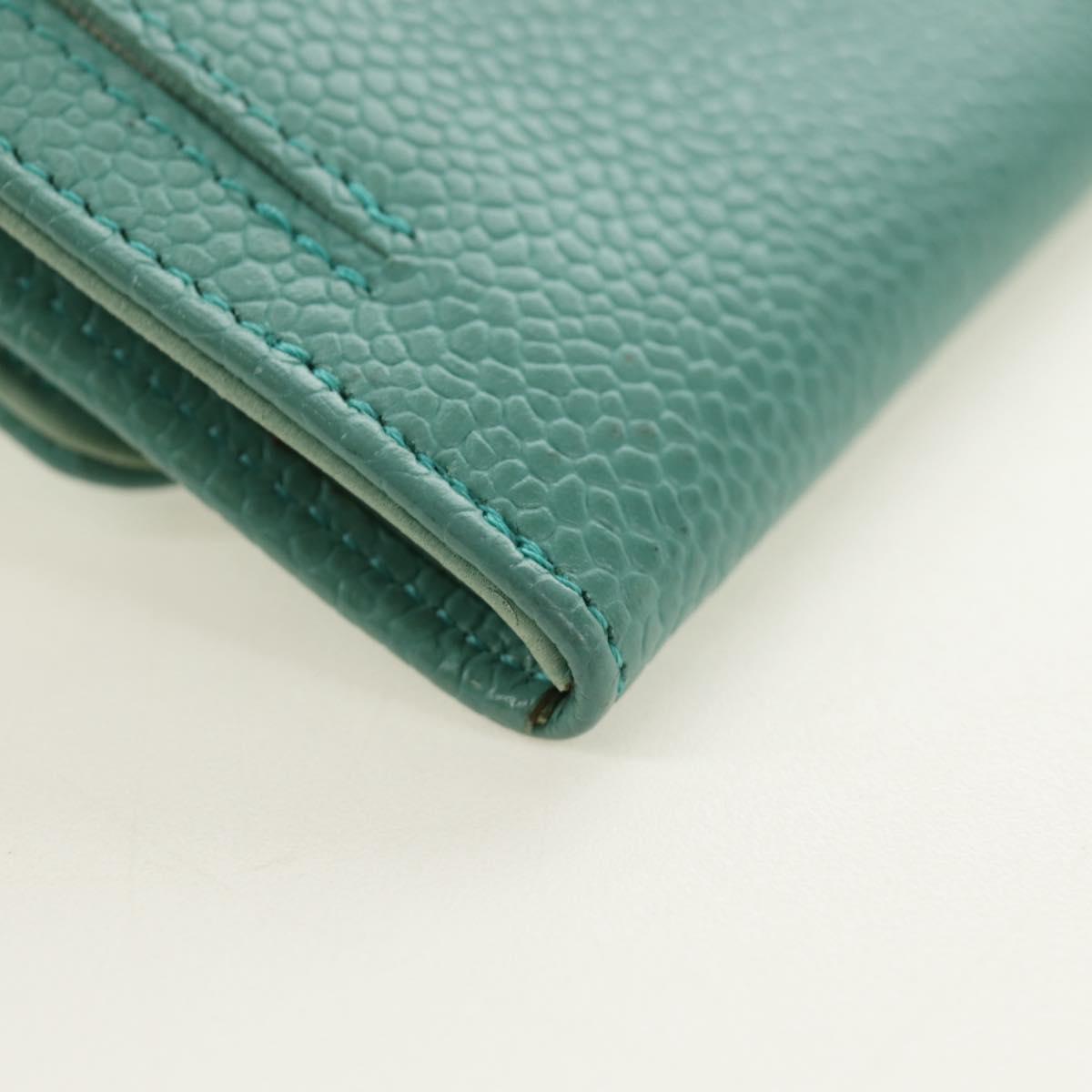 CHANEL Coin Purse Caviar Skin Turquoise Blue Gold CC Auth 187167M