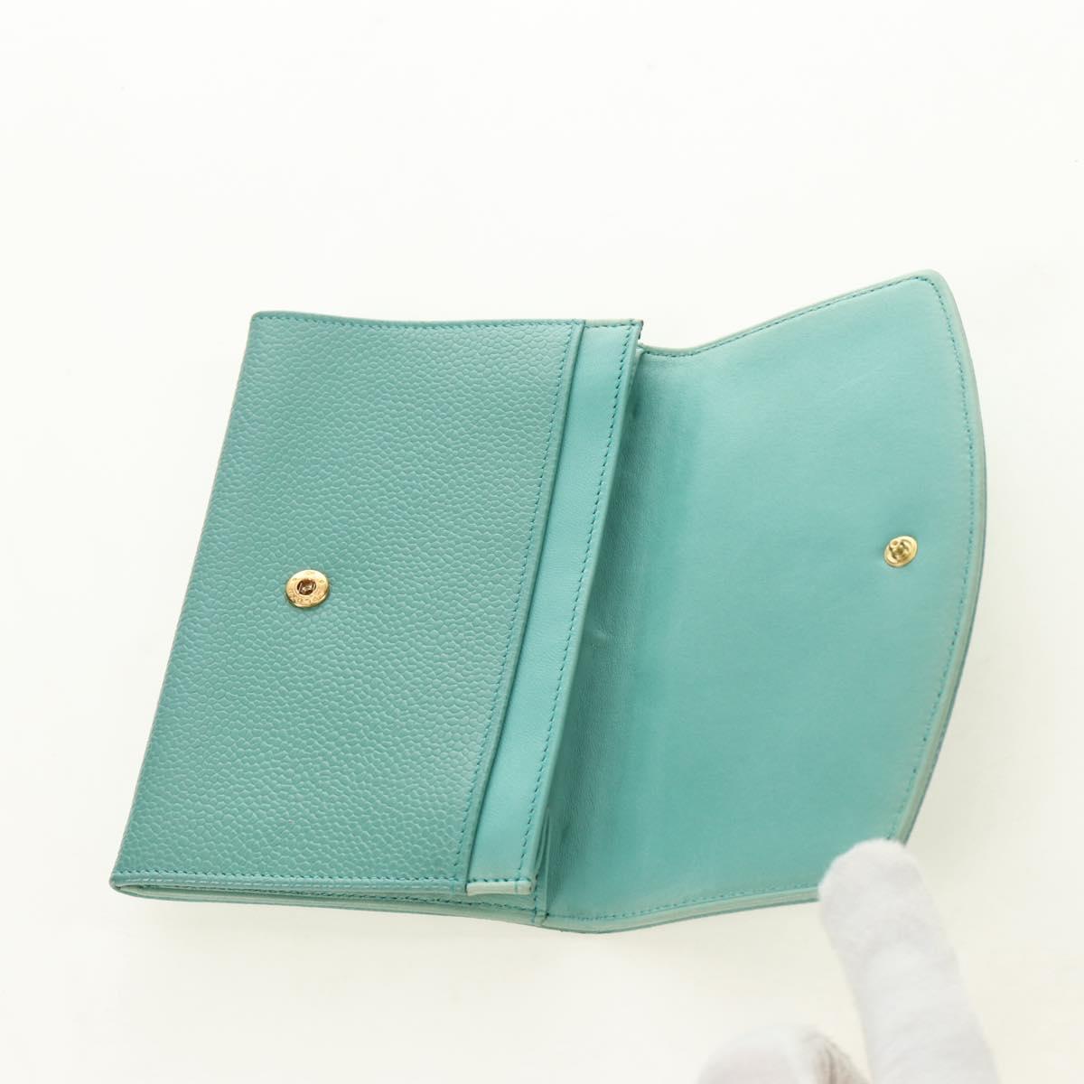 CHANEL Coin Purse Caviar Skin Turquoise Blue Gold CC Auth 187167M
