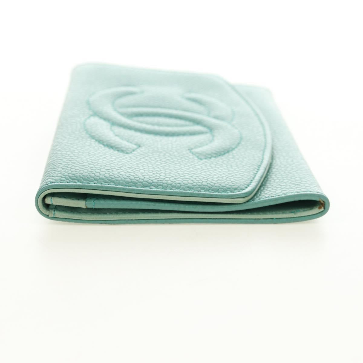 CHANEL Coin Purse Caviar Skin Turquoise Blue Gold CC Auth 187167M