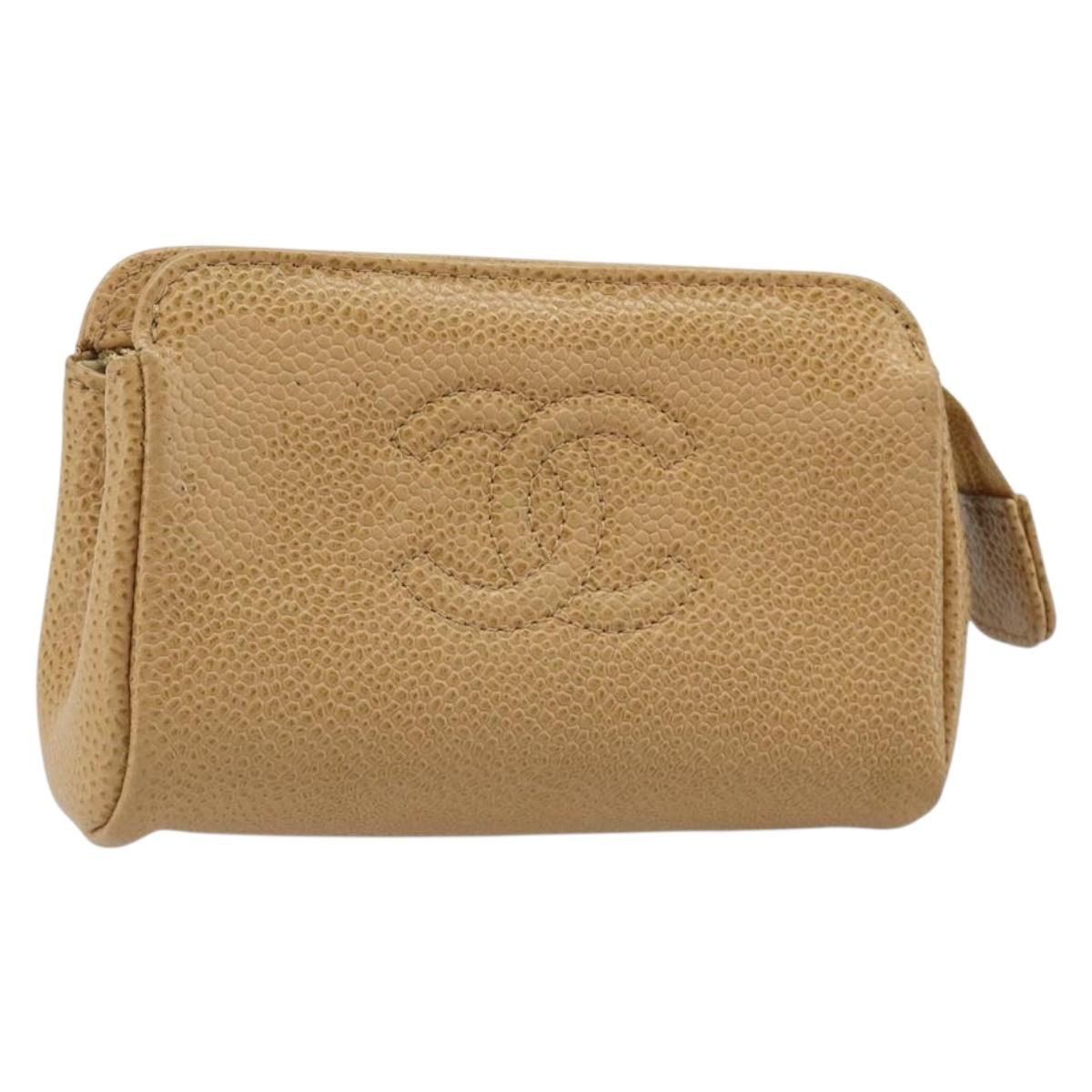 CHANEL Pouch Caviar Skin Beige Gold CC Auth 187168