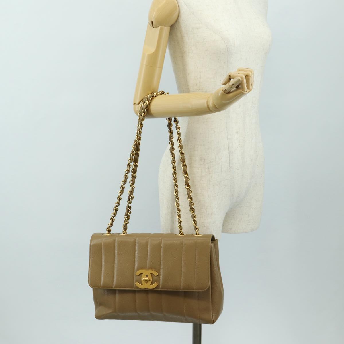 CHANEL Mademoiselle Chain Shoulder Bag Caviar Skin Brown Gold CC Auth 187186SAV