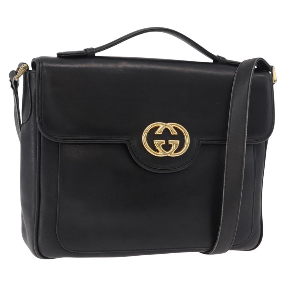 GUCCI Shoulder Bag Leather 2way Black Gold Auth 187188