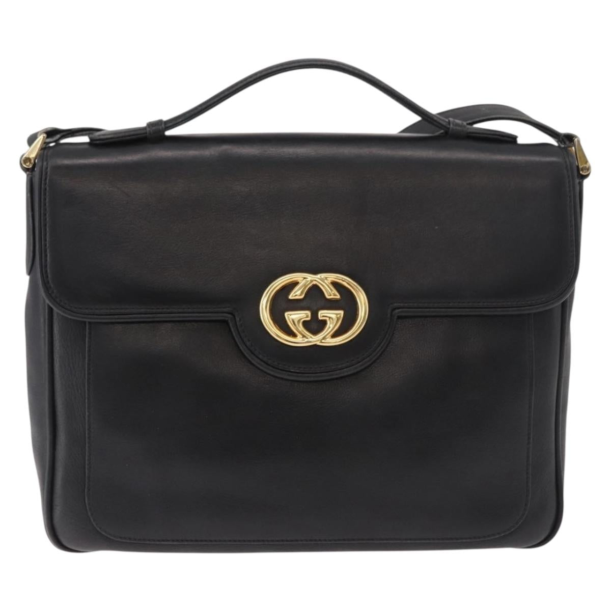 GUCCI Shoulder Bag Leather 2way Black Gold Auth 187188