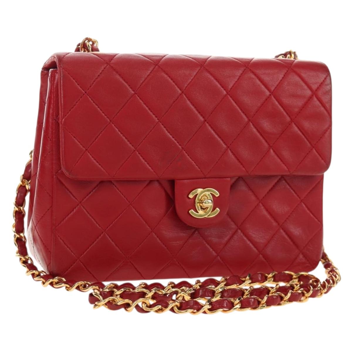 CHANEL Matelasse Chain Shoulder Bag Lamb Skin Red Gold CC Auth 187190A