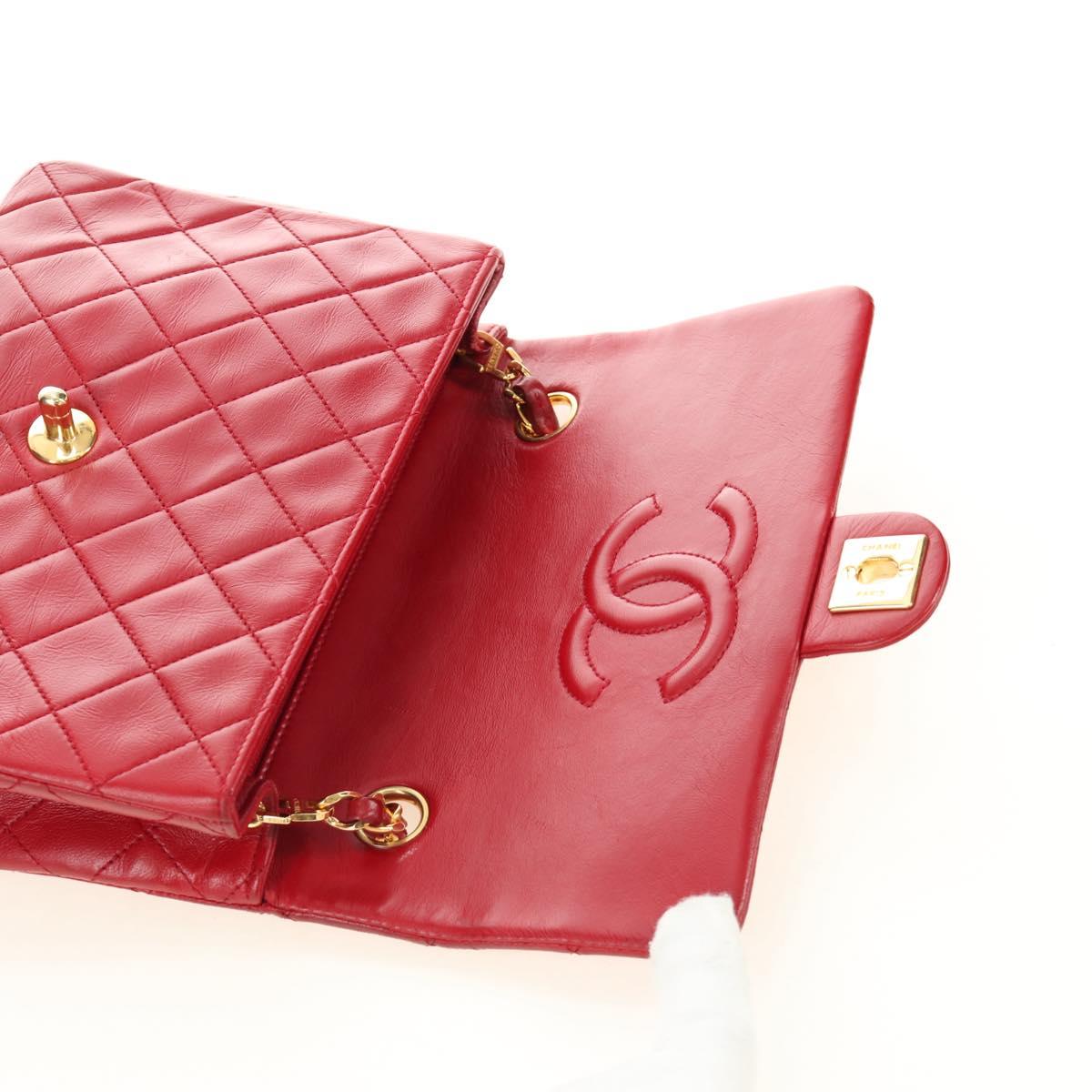 CHANEL Matelasse Chain Shoulder Bag Lamb Skin Red Gold CC Auth 187190A