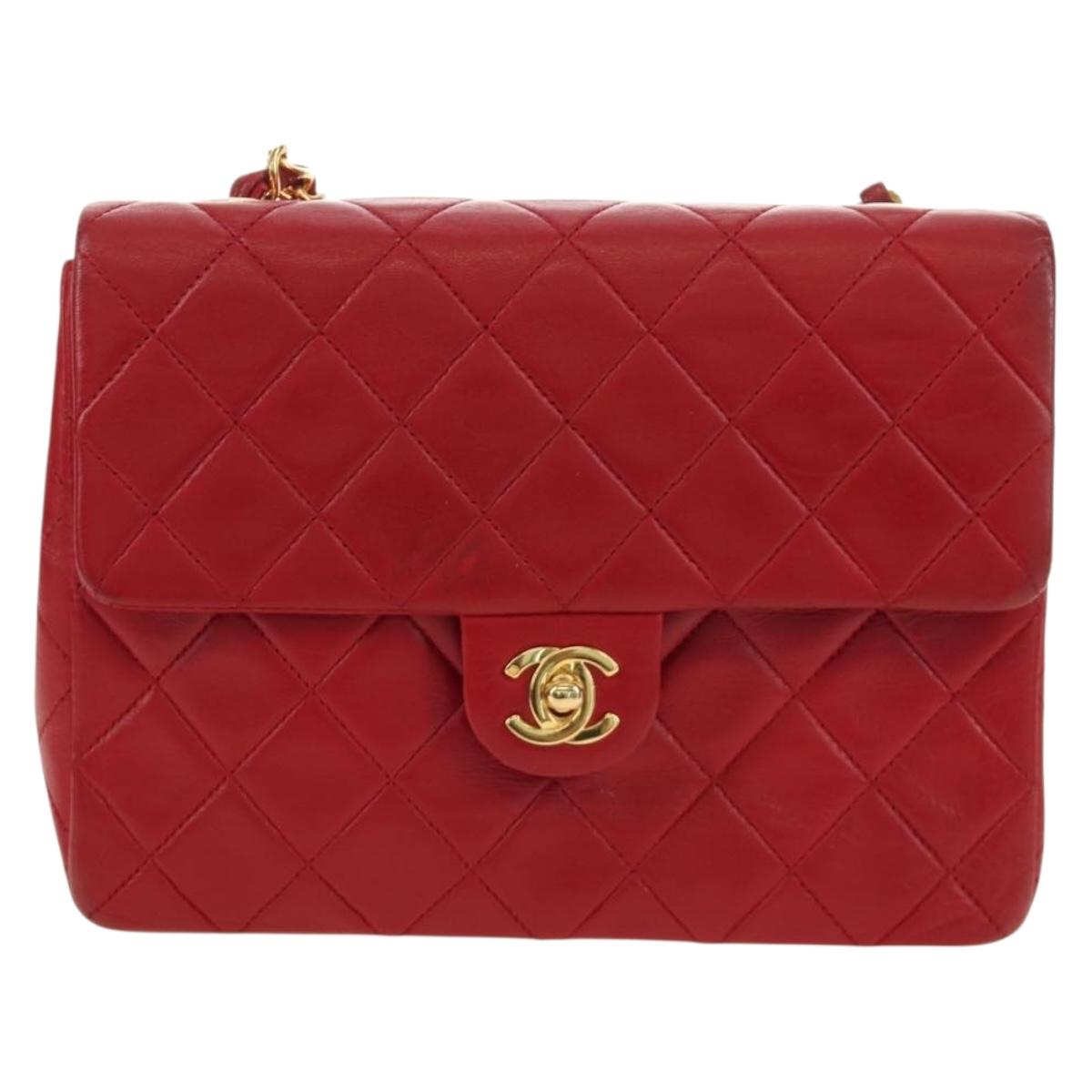CHANEL Matelasse Chain Shoulder Bag Lamb Skin Red Gold CC Auth 187190A