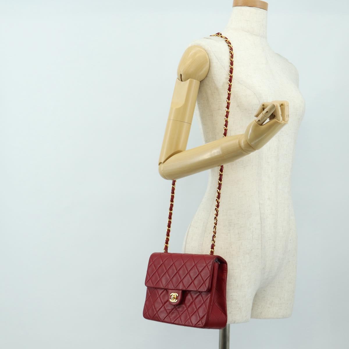 CHANEL Matelasse Chain Shoulder Bag Lamb Skin Red Gold CC Auth 187190A