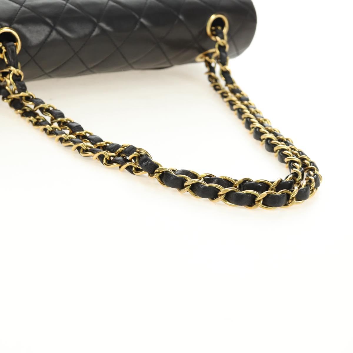 CHANEL Matelasse 25 Double Flap Chain Bag Lamb Skin Gold Black CC Auth 187193SAV