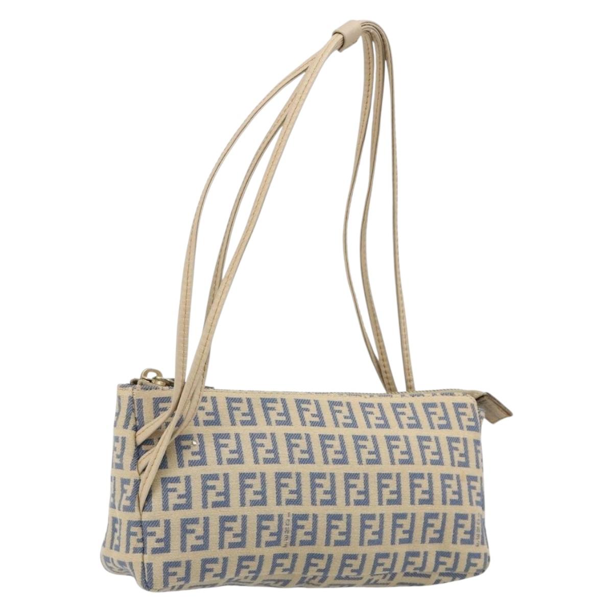 FENDI Zucchino Canvas Pouch Blue Gold Auth 187202